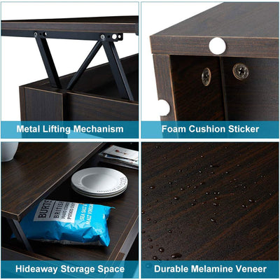 EROMMY Lift Top Pop Up Hidden Compartment Living Room Coffee Table, Dark Brown