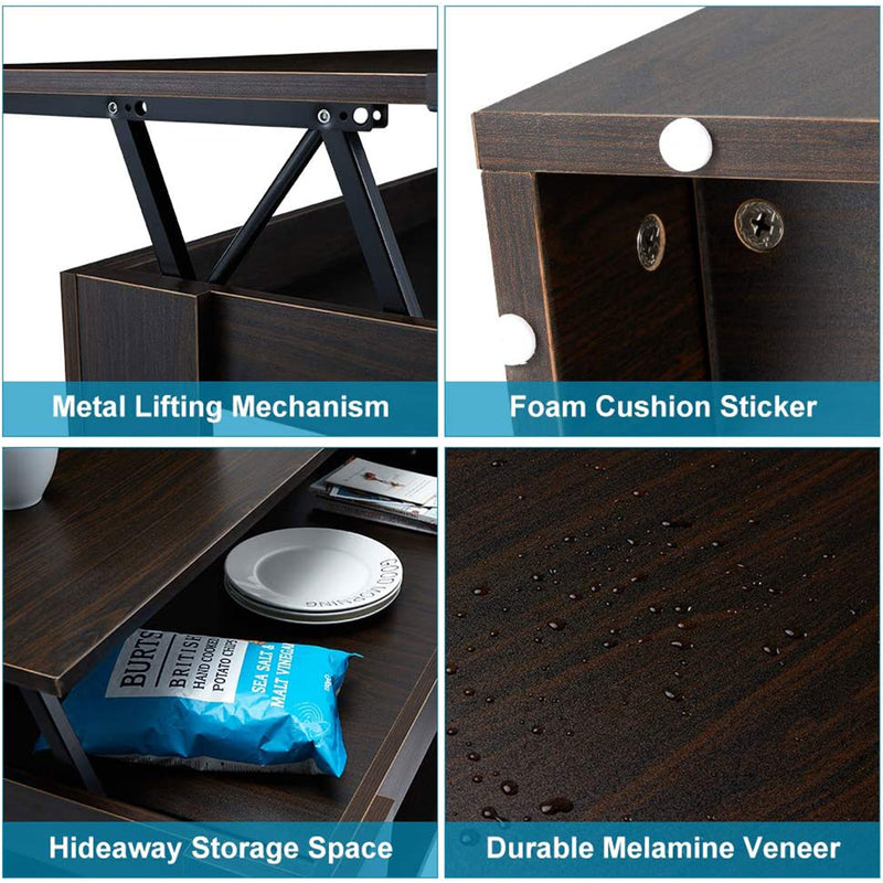 Lift Top Hidden Compartment Living Room Coffee Table, Dark Brown(Open Box)