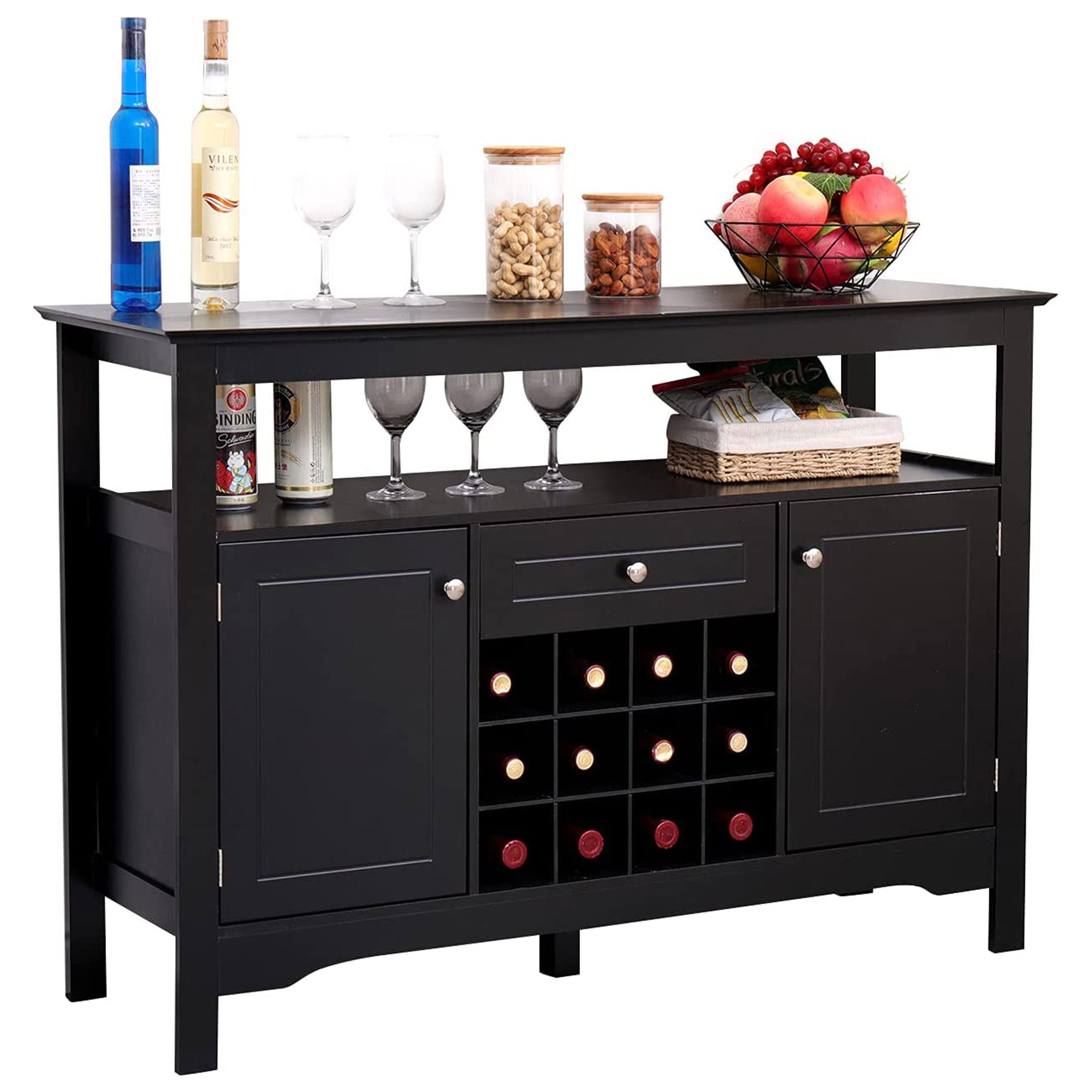 Modern Wooden Buffet Cabinet with Drawer and 12 Bottle Wine Rack, Black (Used) - VMInnovations