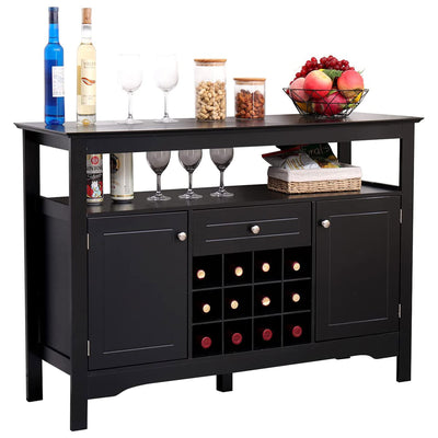 Modern Wooden Buffet Cabinet with Drawer and 12 Bottle Wine Rack, Black (Used)