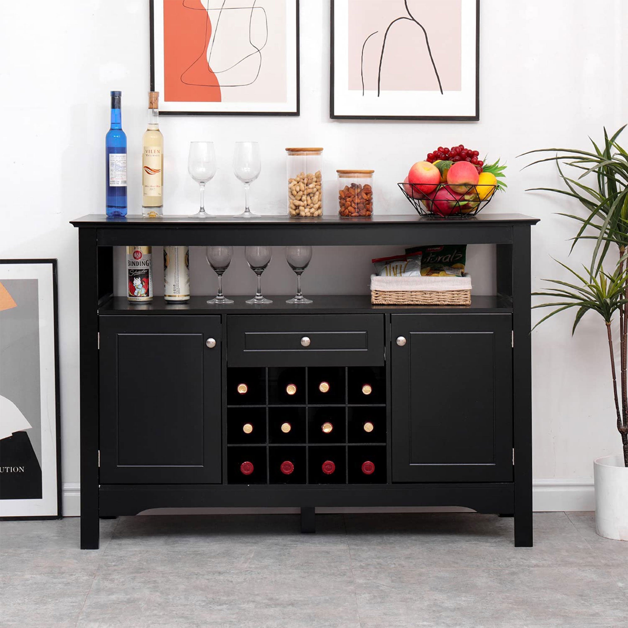 Modern Wooden Buffet Cabinet with Drawer and 12 Bottle Wine Rack, Black (Used) - VMInnovations