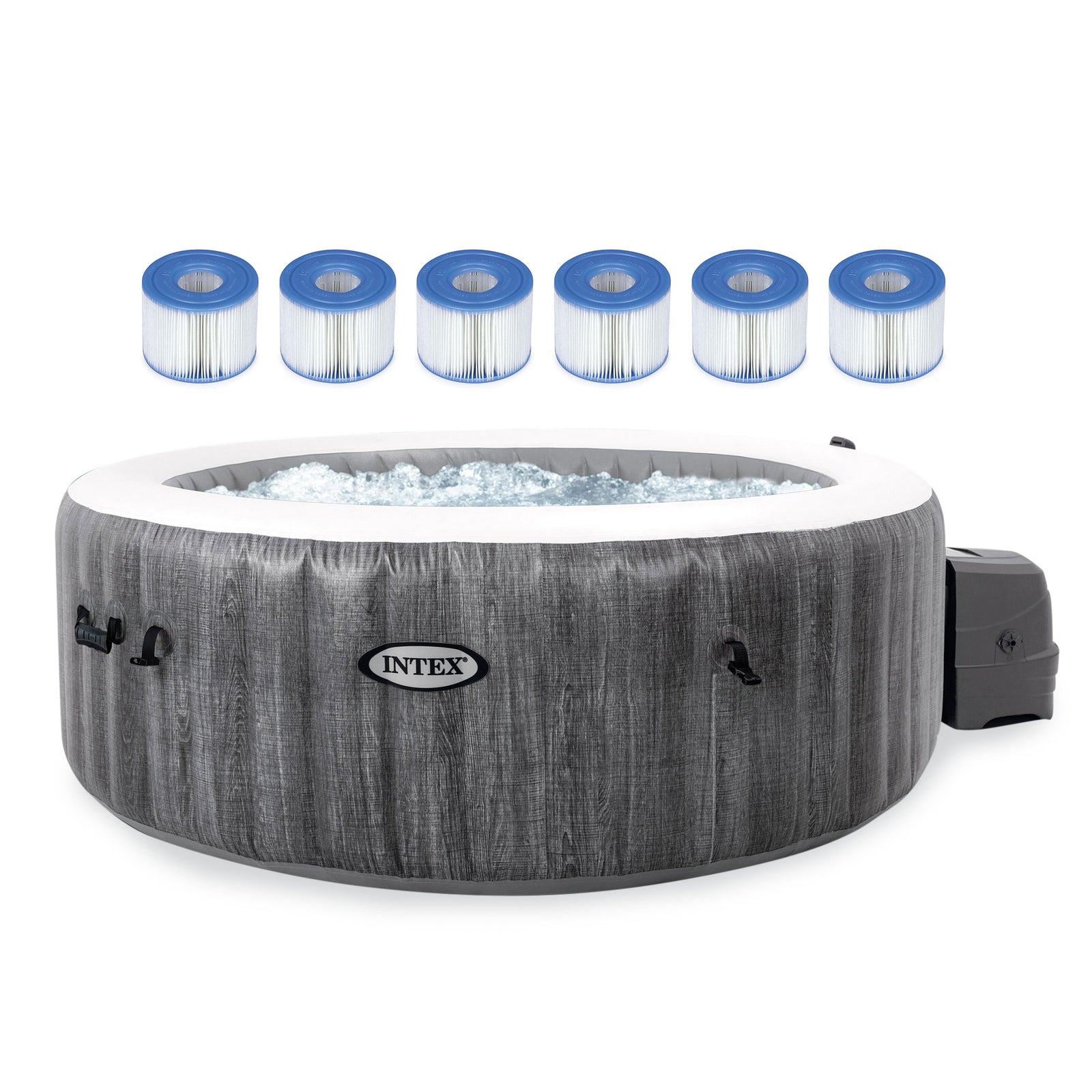 Intex PureSpa Plus Greywood Inflatable Hot Tub Jet Spa with 6 Filter Cartridges - VMInnovations