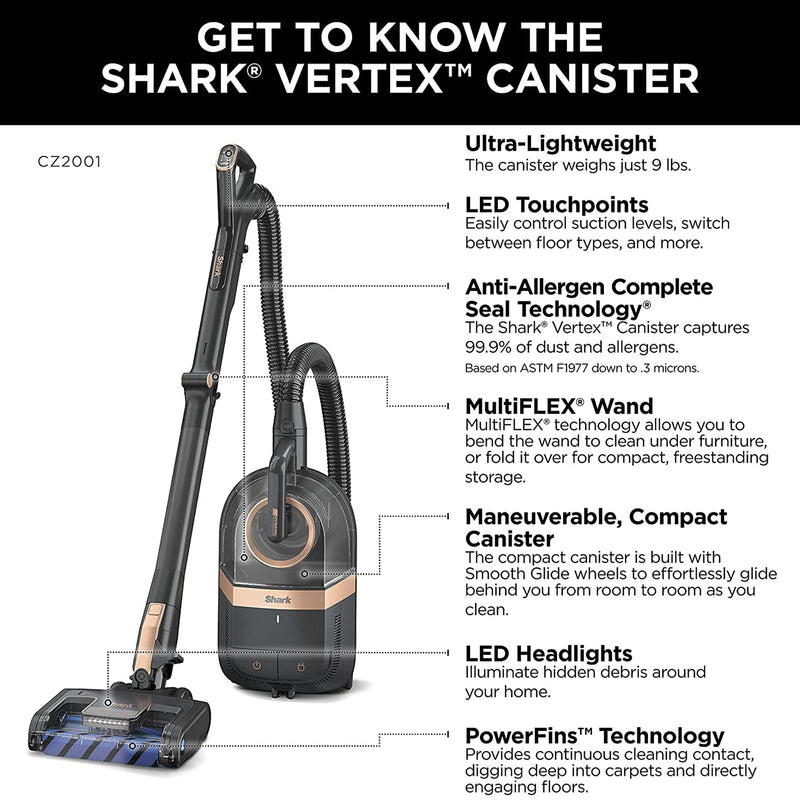 Shark CZ2001 Canister Bagless Corded Vacuum w/Self-Cleaning Brushroll, PowerFins