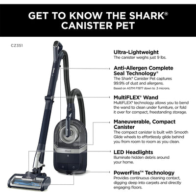Shark CZ351 Canister Bagless Corded Vacuum w/Self-Cleaning Brushroll & PowerFins