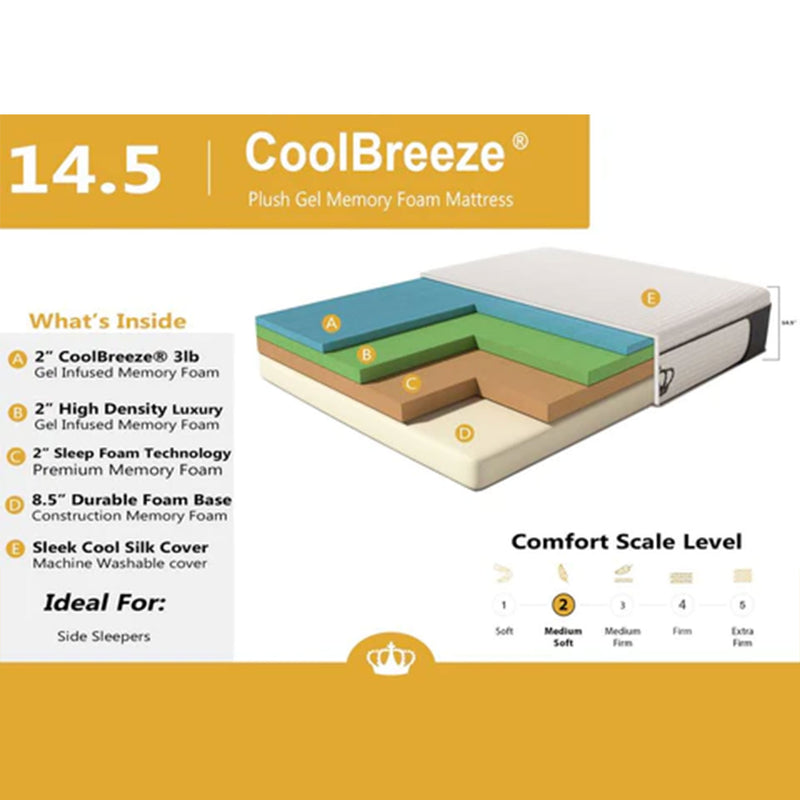 DynastyMattress 14.5” Inch CoolBreeze Plush Medium Soft Gel Memory Foam Mattress Bed, Size Twin USA Made