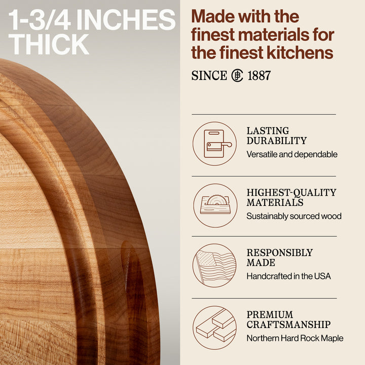 John Boos Round Maple Wood Cutting Board with Juice Groove, 15" x 15" x 1.75"