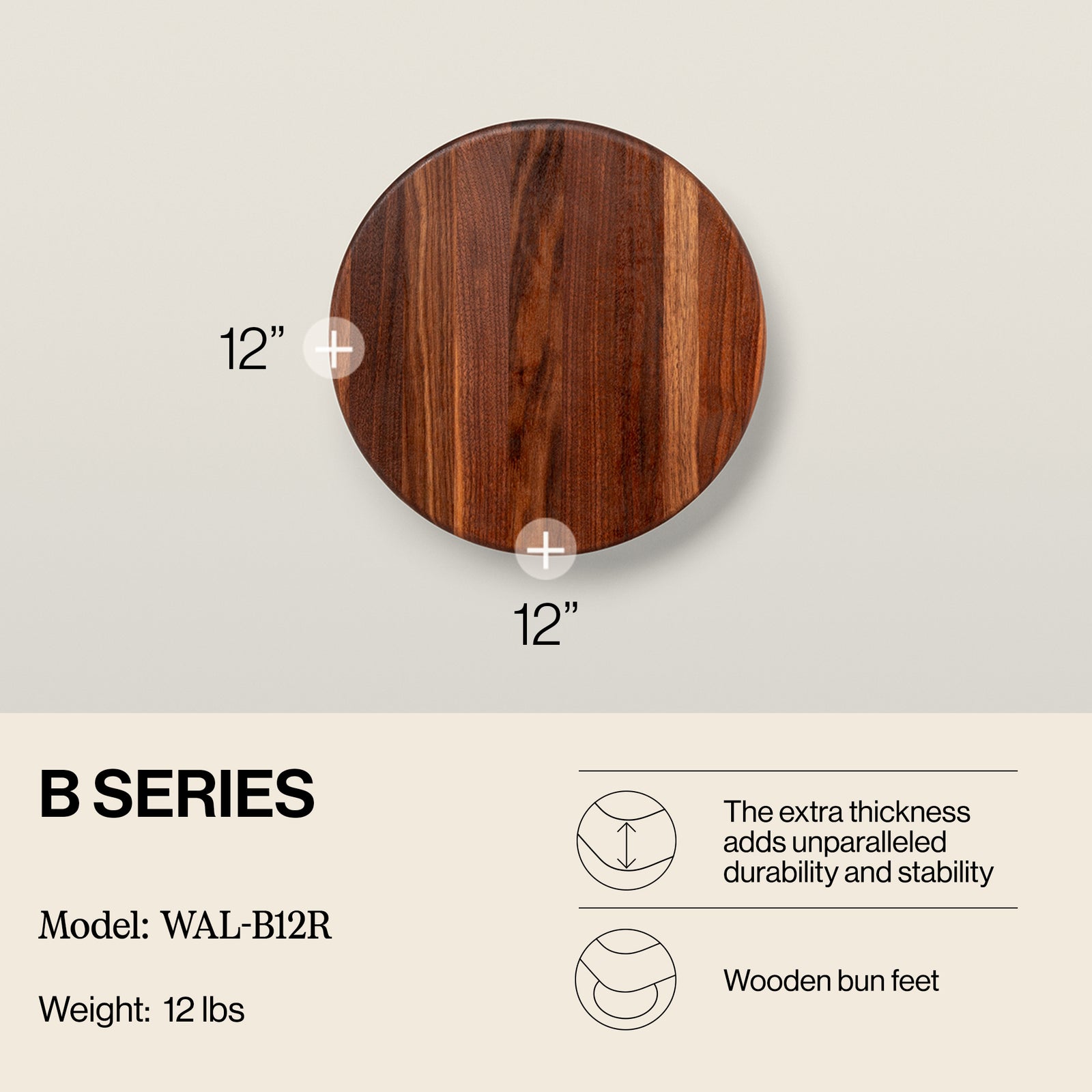 John Boos Walnut Wood Edge Grain Round Cutting Board for Kitchen, 12" x 1.5" - VMInnovations