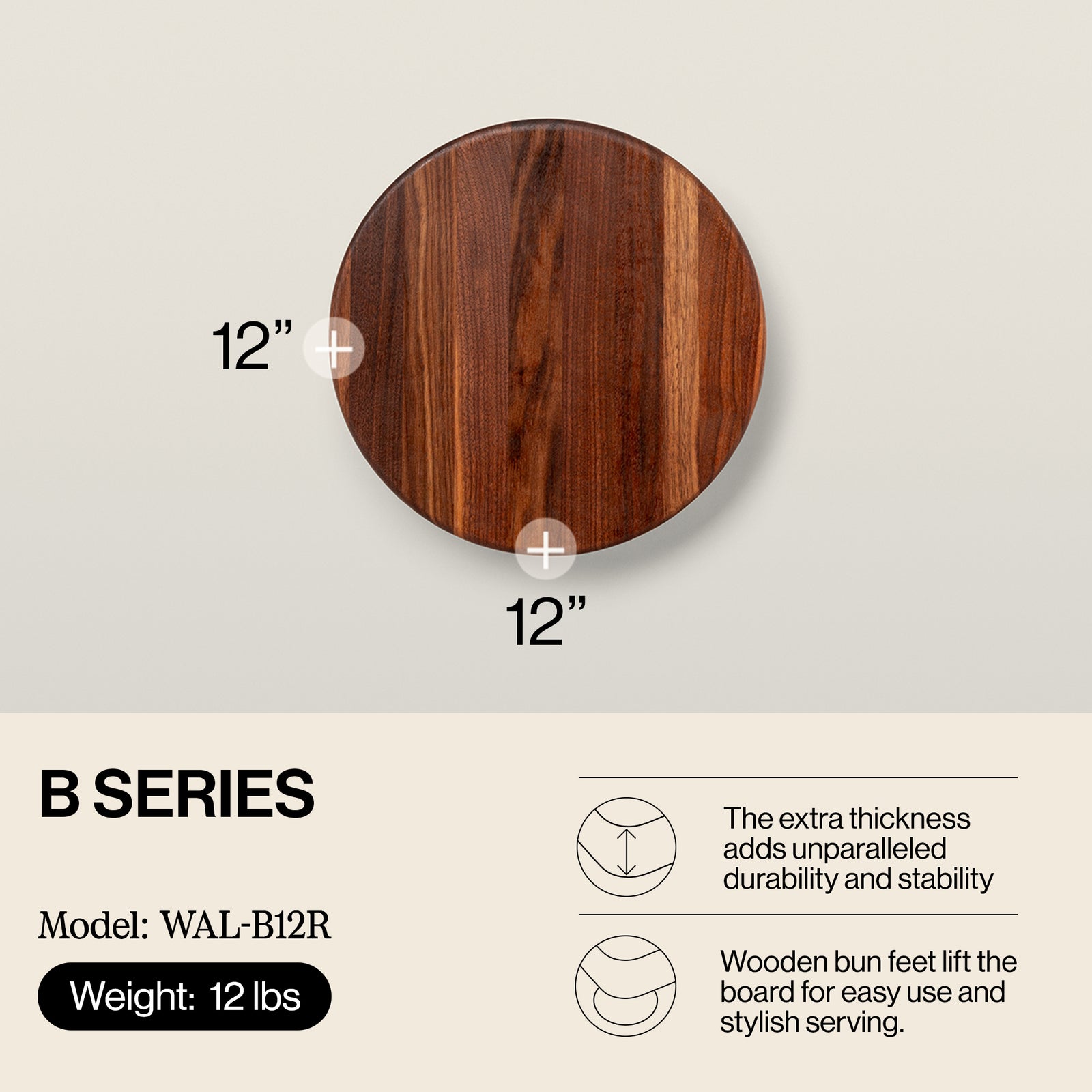 John Boos 12 Inch Round 1.5 In Thick Wood Grain Cutting Block w/ Feet (Open Box) - VMInnovations