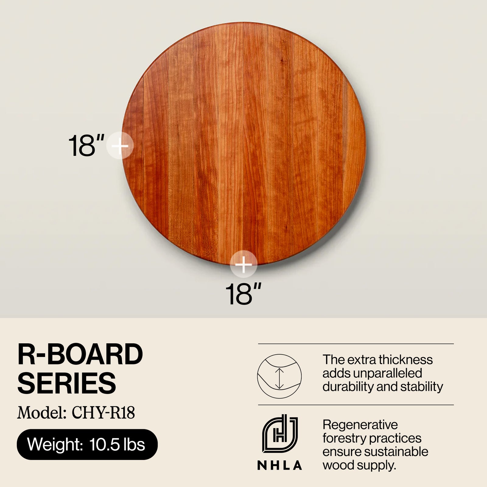 CHY-R18 18 Inch Round Cherry Wood Edge Grain Reversible Cutting Board (Open Box) - VMInnovations