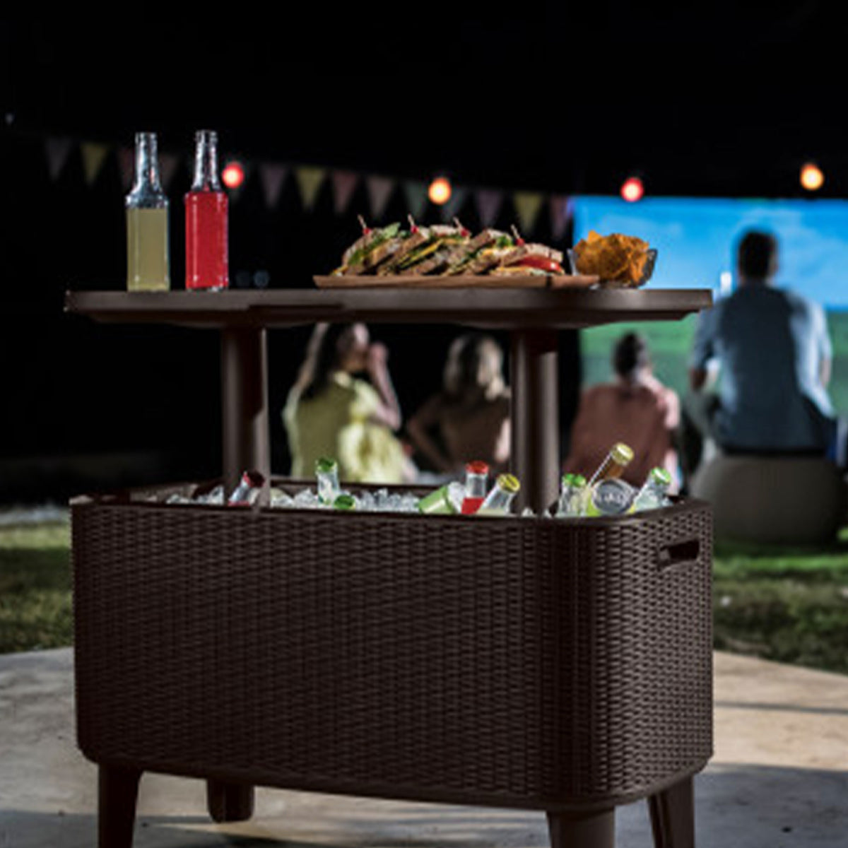 Keter Bevy Bar 17 Gallon Cooler with Pop-Up Table Top Bar Cart, Rattan Brown