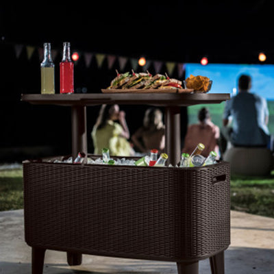Keter Bevy Bar 17 Gallon Cooler with Pop-Up Table Top Bar Cart, Rattan Brown