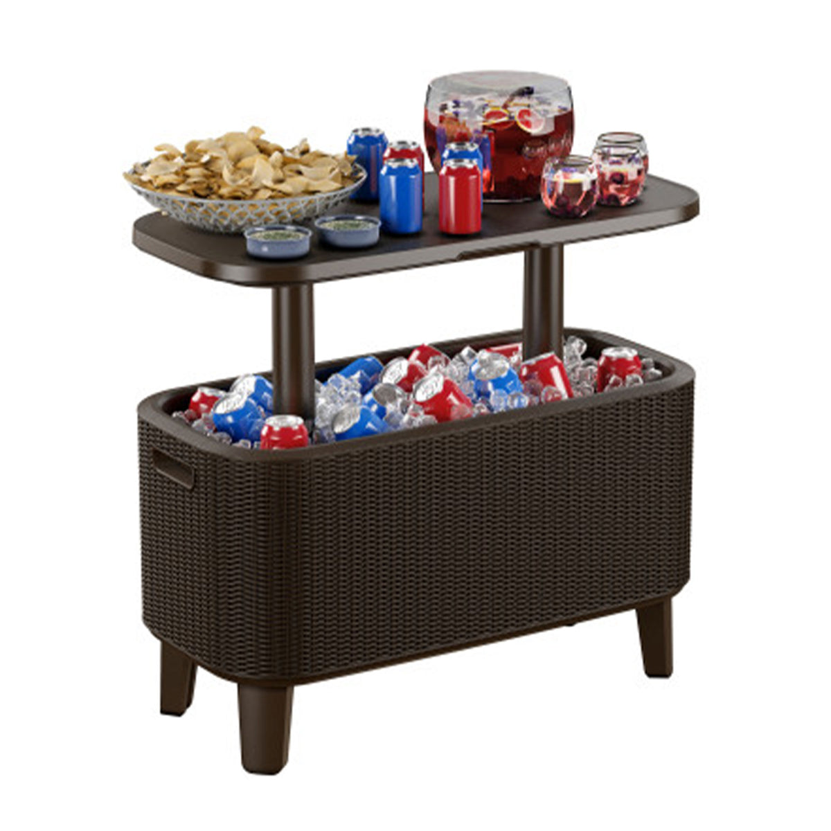 Keter Bevy Bar 17 Gallon Cooler with Pop-Up Table Top Bar Cart, Rattan Brown