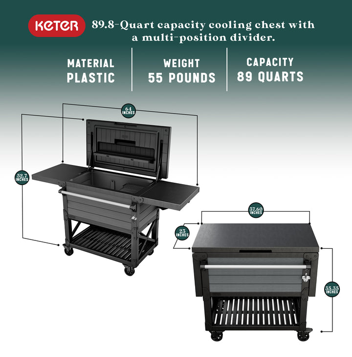 Keter Outdoor Patio Cooler Chest, 89.8 Qt Beverage Bar Cart w/ Wheels, Graphite