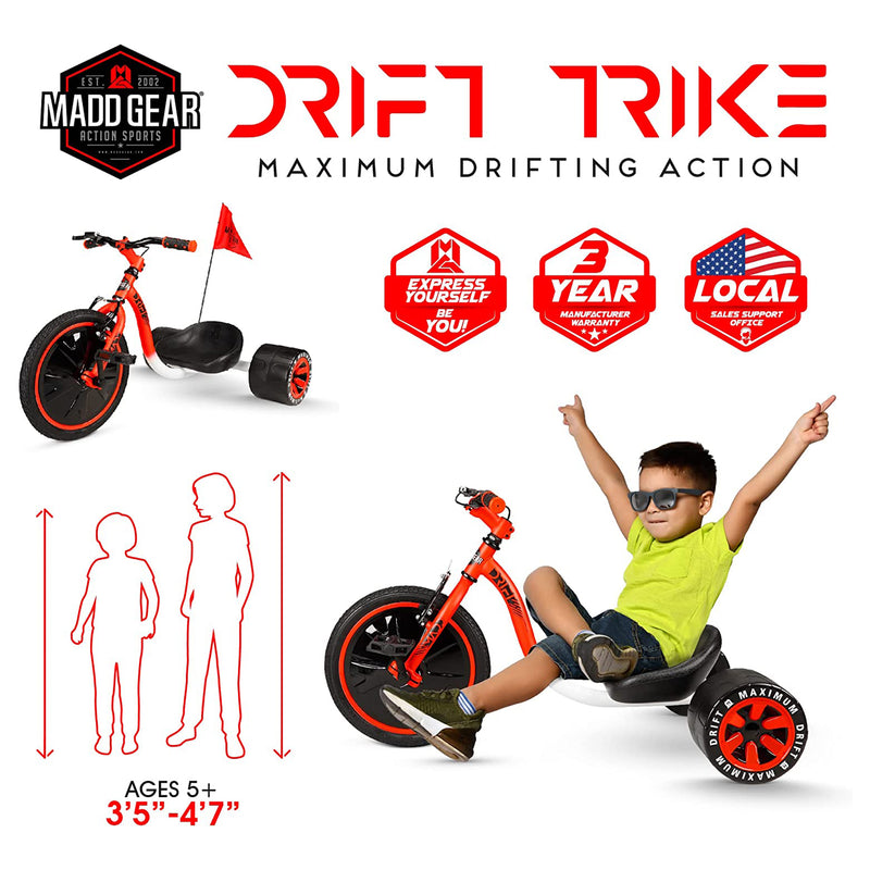 Madd Gear Drift Trike w/ Adjustable Seat for Boys & Girls 5 and Up, Red & White