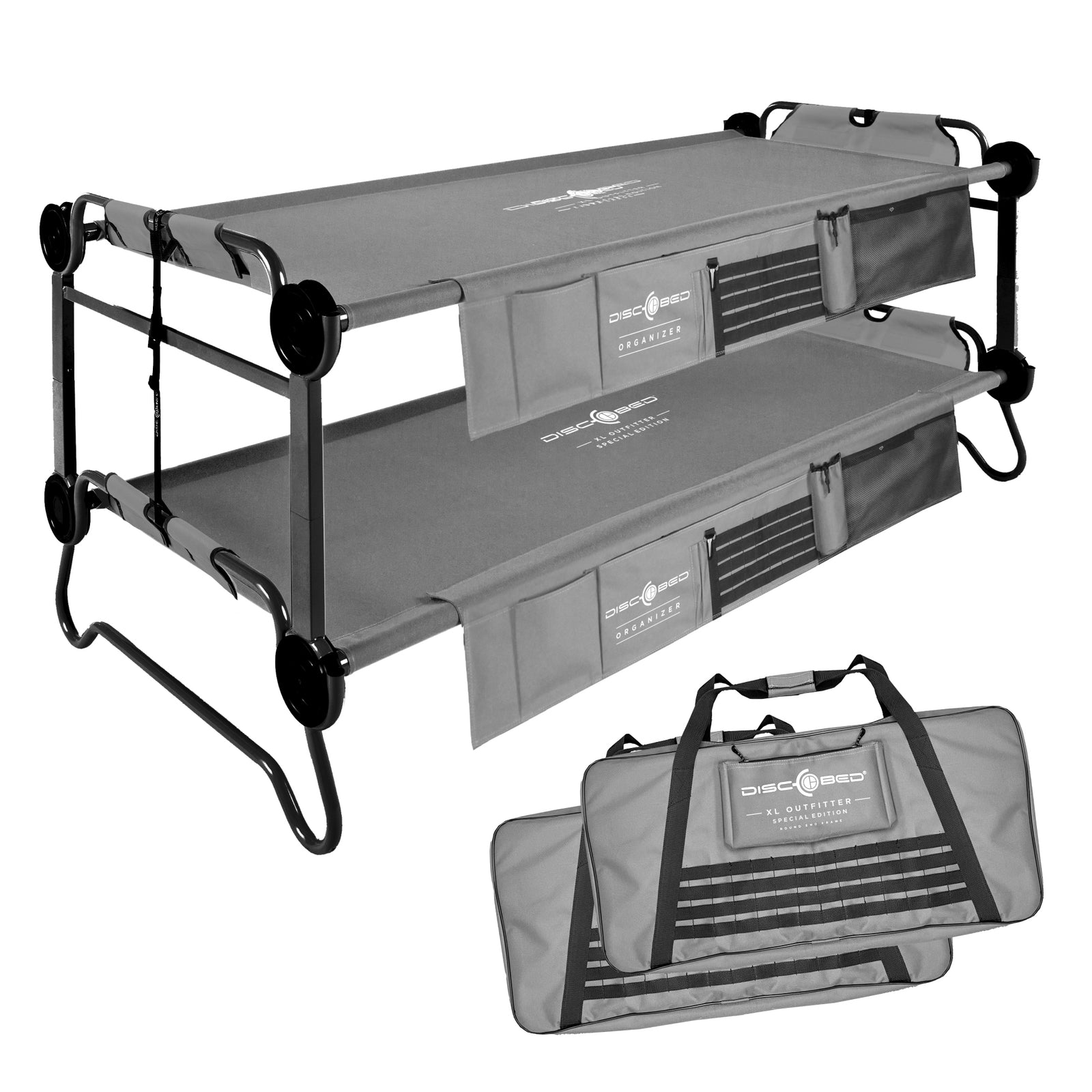 Disc-O-Bed XL Outfitter Bench Double Cot Camping Bunk with Organizers, Grey - VMInnovations