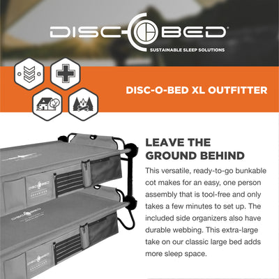 Disc-O-Bed XL Outfitter Bench Double Cot Camping Bunk with Organizers, Grey - VMInnovations