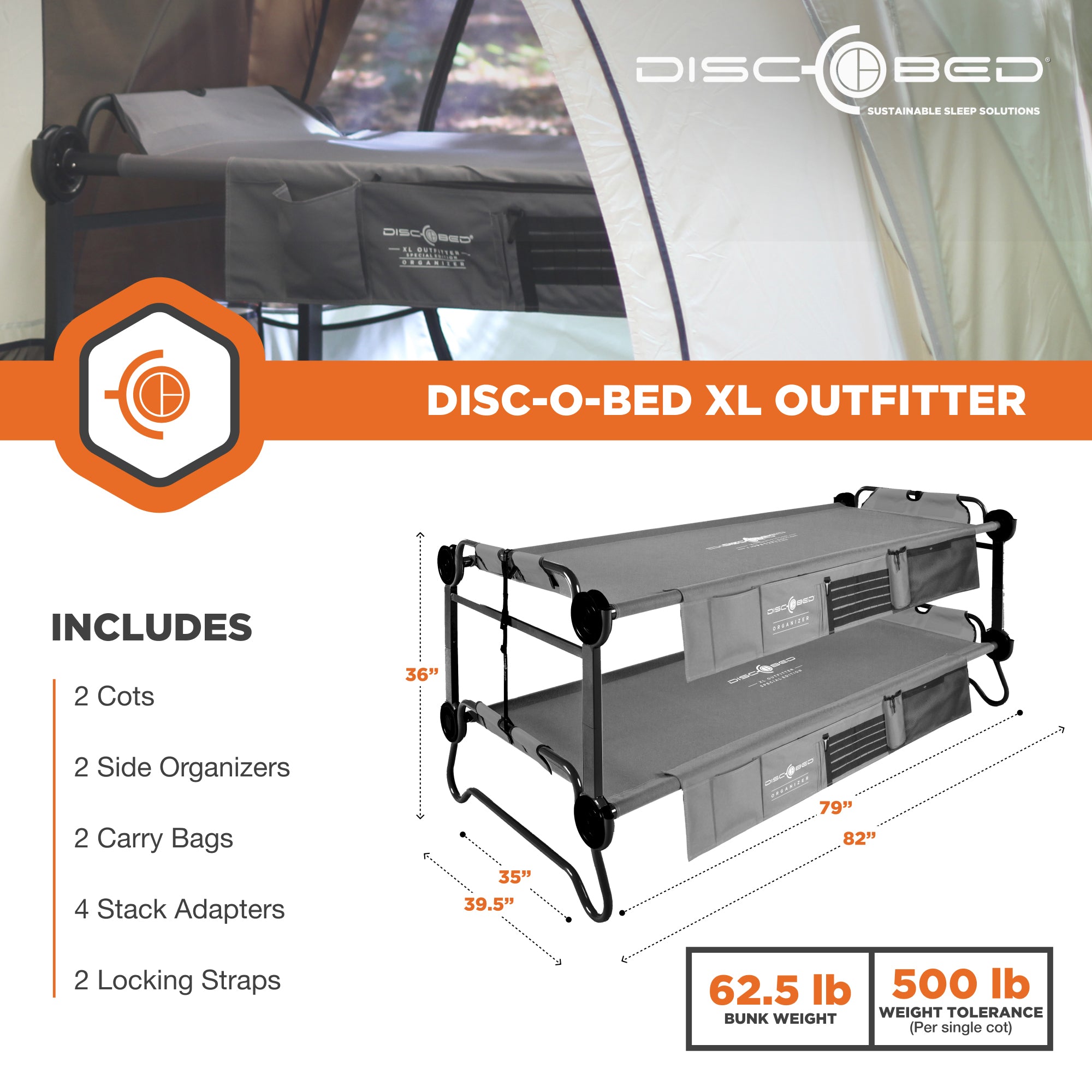 Disc-O-Bed XL Outfitter Bench Double Cot Camping Bunk with Organizers (Open Box) - VMInnovations