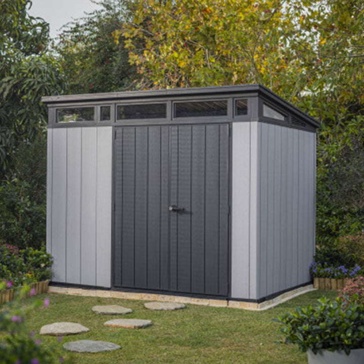 Keter Artisan 9x7 Ft Large Outdoor Shed w/Floor w/Modern Design, Grey(For Parts)
