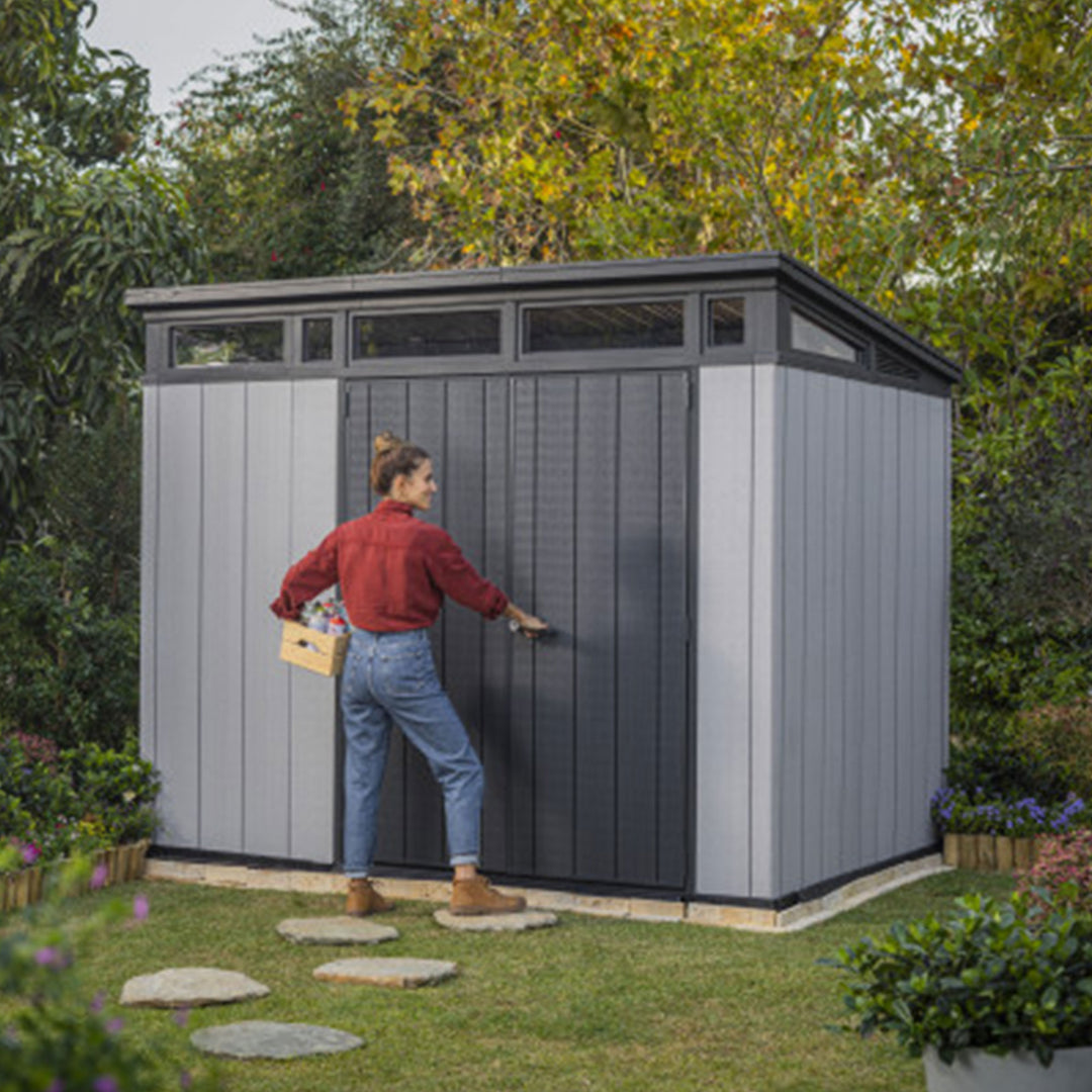 Keter Artisan 9x7 Ft Large Outdoor Shed w/Floor w/Modern Design, Grey(For Parts)