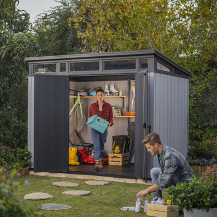 Keter Artisan 9x7 Ft Large Outdoor Shed w/Floor w/Modern Design, Grey(For Parts)