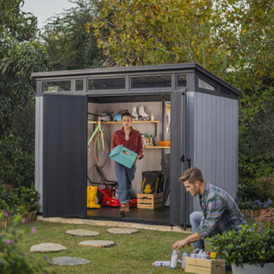 Keter Artisan 9x7 Ft Large Outdoor Shed w/Floor w/Modern Design, Grey(For Parts)