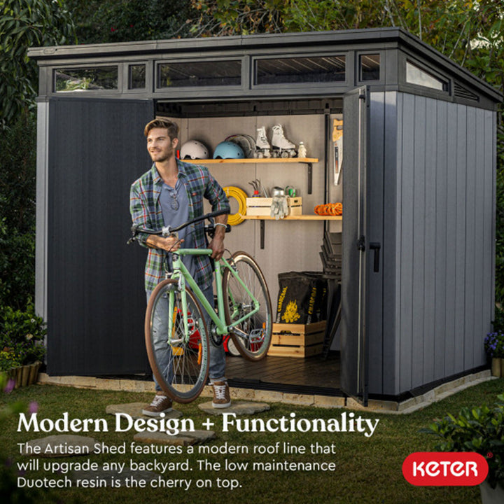 Keter Artisan 9x7 Ft Large Outdoor Shed w/Floor w/Modern Design, Grey(For Parts)