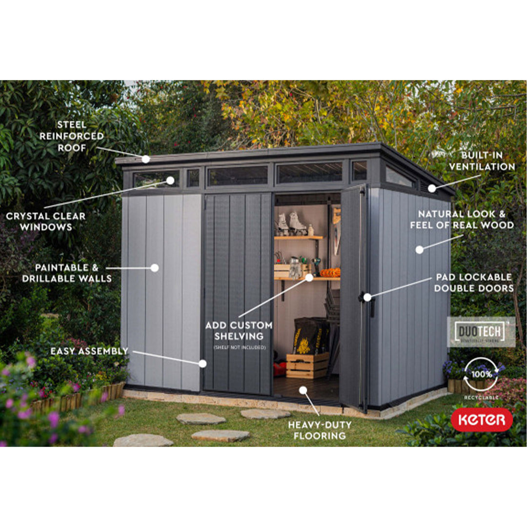 Keter Artisan 9x7 Ft Large Outdoor Shed w/Floor w/Modern Design, Grey(For Parts)