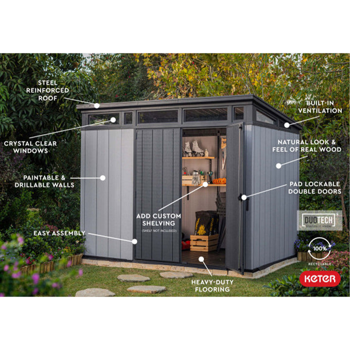 Keter Artisan 9x7 Ft Large Outdoor Shed w/Floor w/Modern Design, Grey(For Parts)