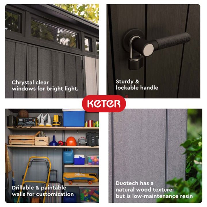 Keter Artisan 9x7 Ft Large Outdoor Shed w/Floor w/Modern Design, Grey(For Parts)