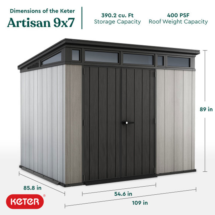 Keter Artisan 9x7 Ft Large Outdoor Shed w/Floor w/Modern Design, Grey(For Parts)