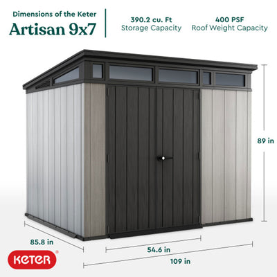 Keter Artisan 9x7 Foot Outdoor Shed w/Floor, Modern Design, Grey (Open Box)