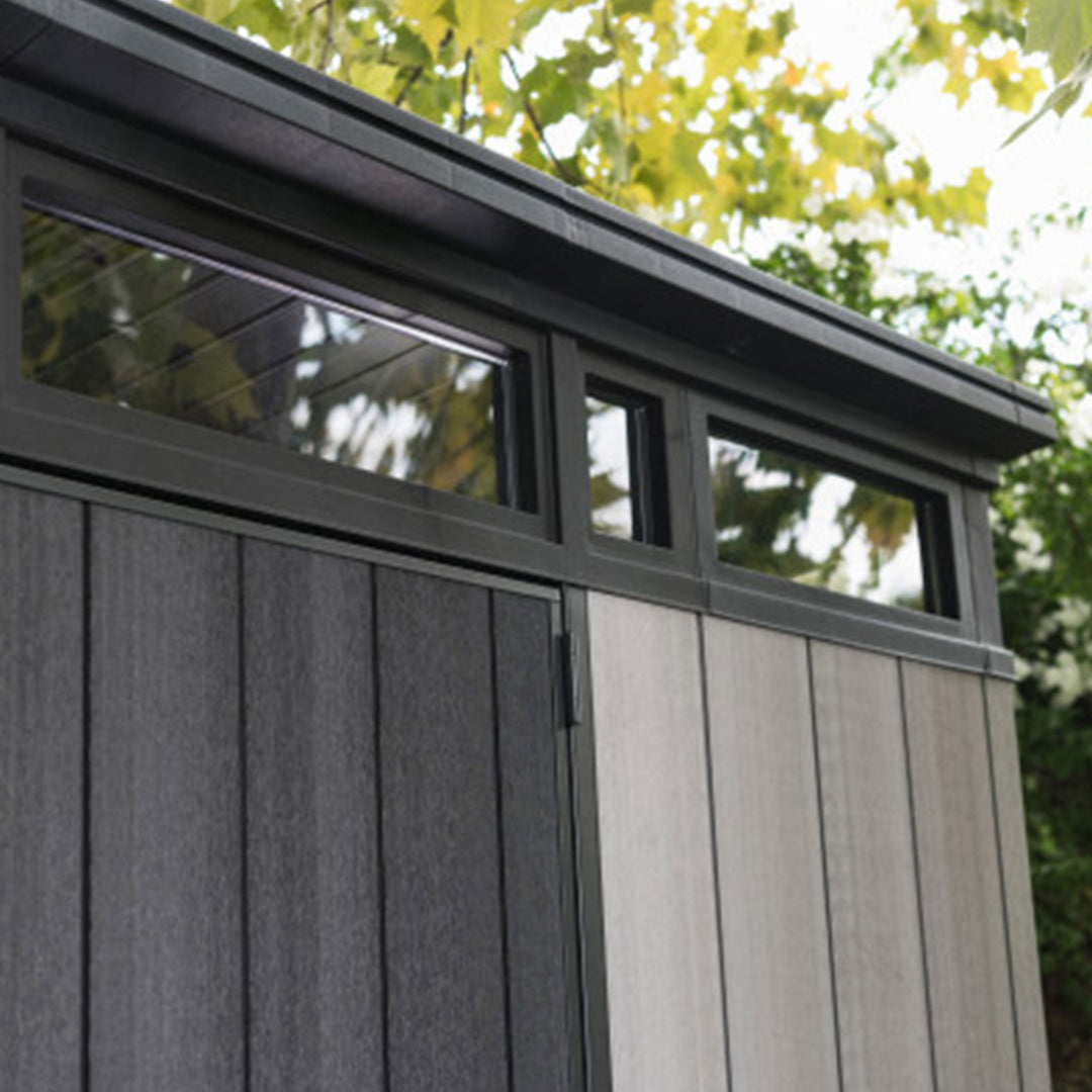 Keter Artisan 9x7 Ft Large Outdoor Shed w/Floor w/Modern Design, Grey(For Parts)