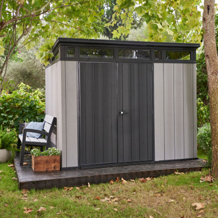 Keter Artisan 9x7 Ft Large Outdoor Shed w/Floor w/Modern Design, Grey(For Parts)