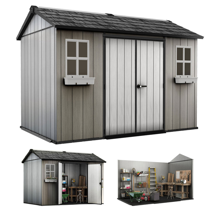 Keter Oakland 11' x 7.5' Outdoor Shed for Garden Accessories, Gray (For Parts)