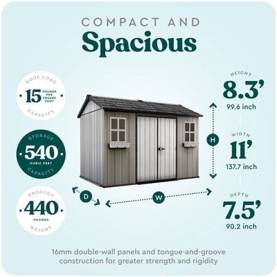 Keter Oakland 11 x 7.5 Foot Outdoor Garden Tool Storage Shed, Gray (Open Box)