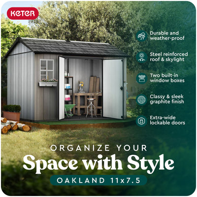 Keter Oakland 11 x 7.5 Foot Outdoor Garden Tool Storage Shed with Windows, Gray