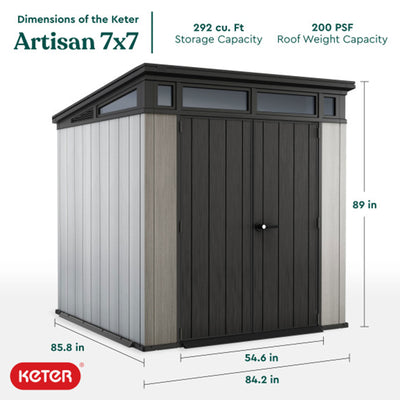 Keter Artisan 7 x 7 Foot Outdoor Shed for Garden Accessories and Tools, Gray
