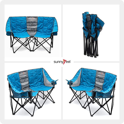 Outdoor Portable Double Loveseat Camping Chair with Cup Holders, Blue (Open Box)