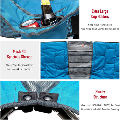 Outdoor Portable Double Loveseat Camping Chair with Cup Holders, Blue (Open Box)