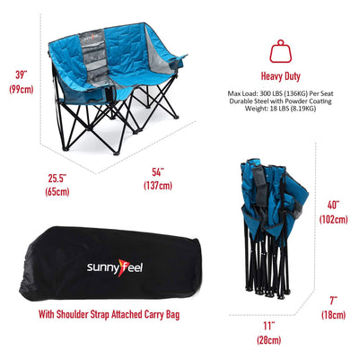 Outdoor Portable Double Loveseat Camping Chair with Cup Holders, Blue (Open Box)
