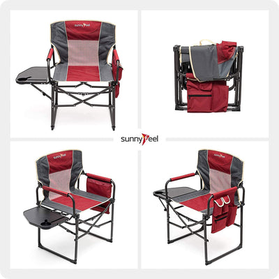 Portable Folding Directors Camping Chair w/ Side Table, Black/Red (Used)