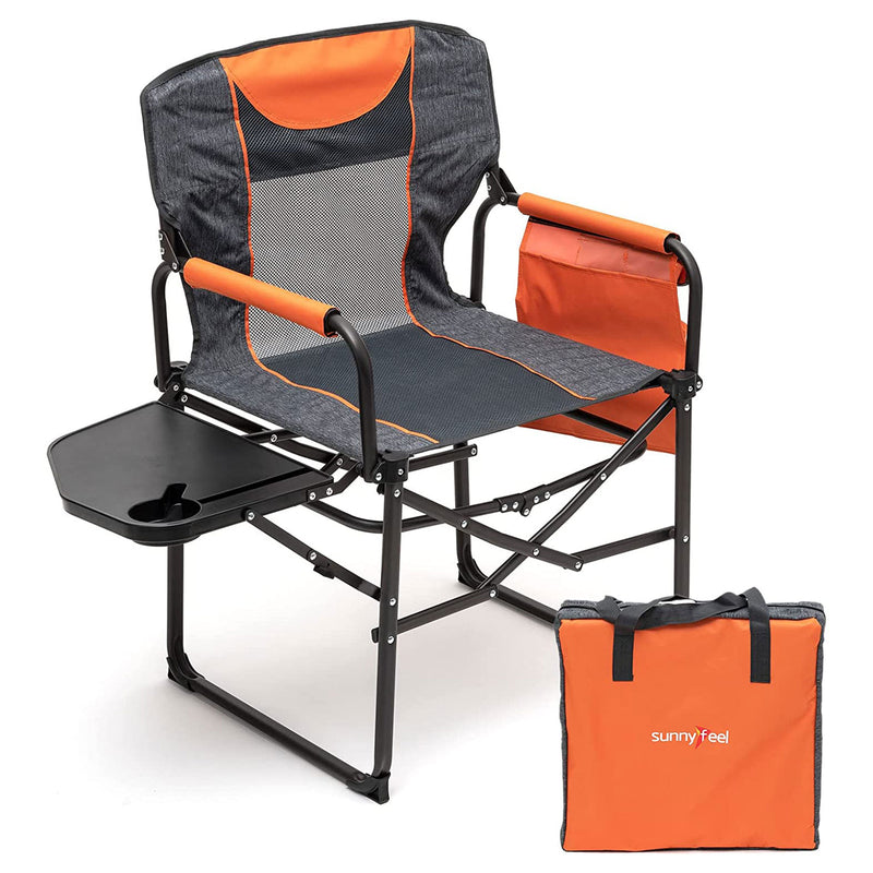 Portable Folding Directors Camping Chair with Side Table, Orange/Grey (Used)
