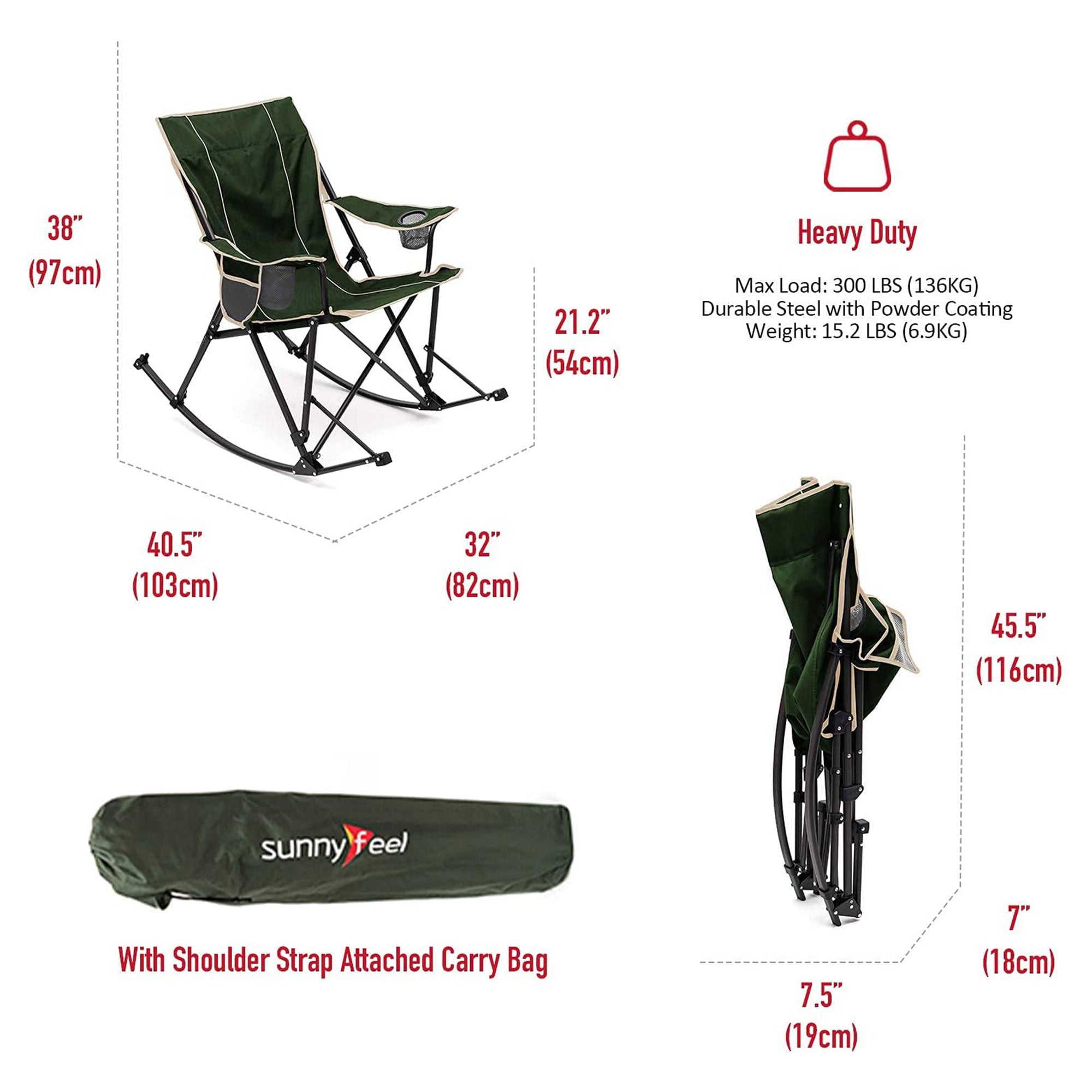 Sunnyfeel Outdoor Portable Folding Rocker Lounge Chair with Cup Holders, Green