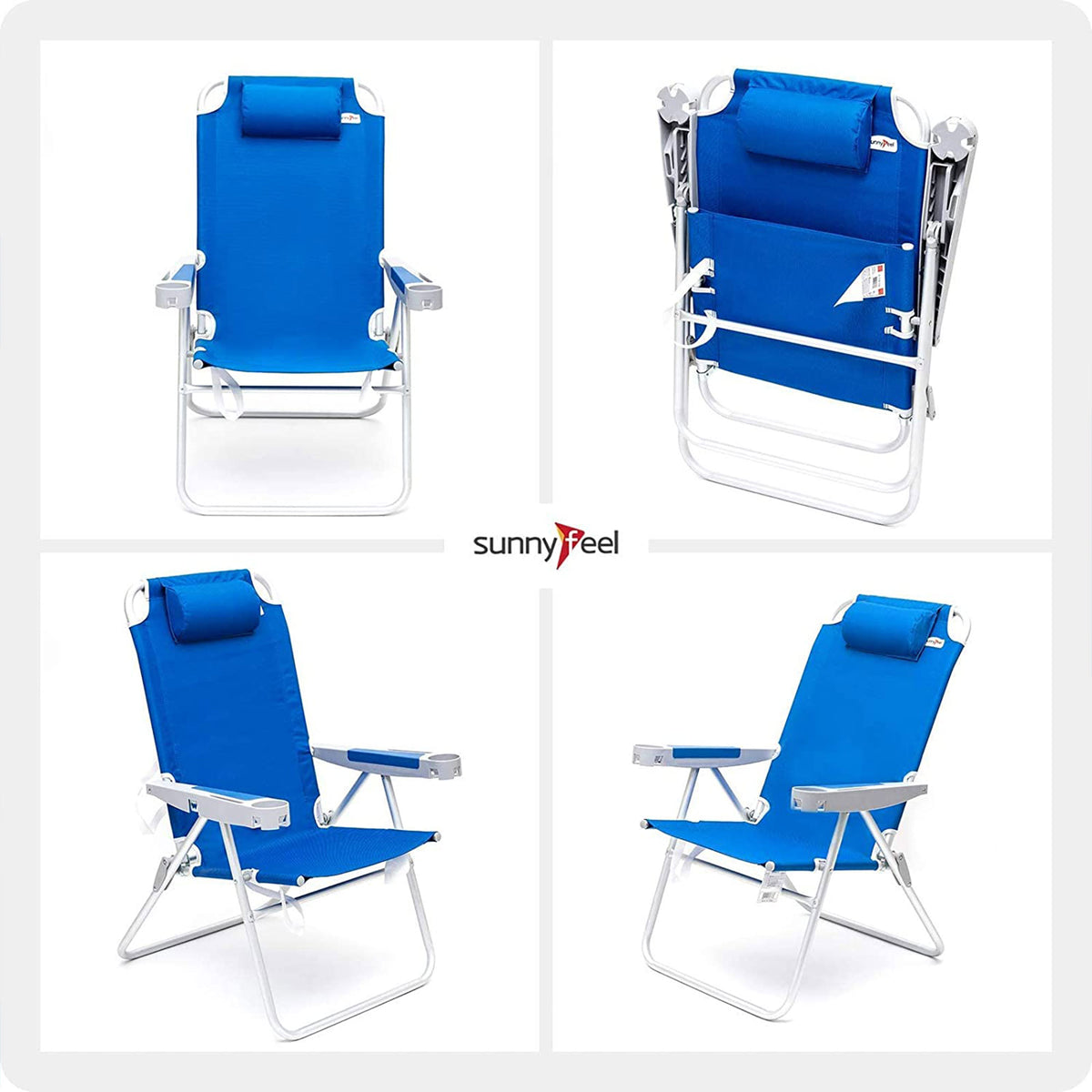 Outdoor Beach Folding Reclining Chair w/Armrest Cup Holders, Sea Blue (Open Box) - VMInnovations