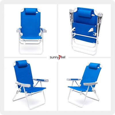 Outdoor Beach Folding Reclining Chair w/Armrest Cup Holders, Sea Blue (Open Box) - VMInnovations
