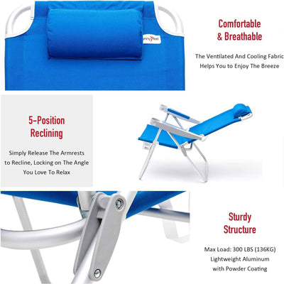 Outdoor Beach Folding Reclining Chair w/Armrest Cup Holders, Sea Blue (Open Box) - VMInnovations
