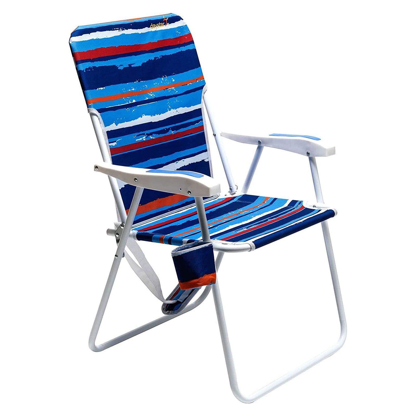 SunnyFeel Outdoor Beach Folding Chair w/Armrest & Cup Holder, Stripe Blue (Used) - VMInnovations