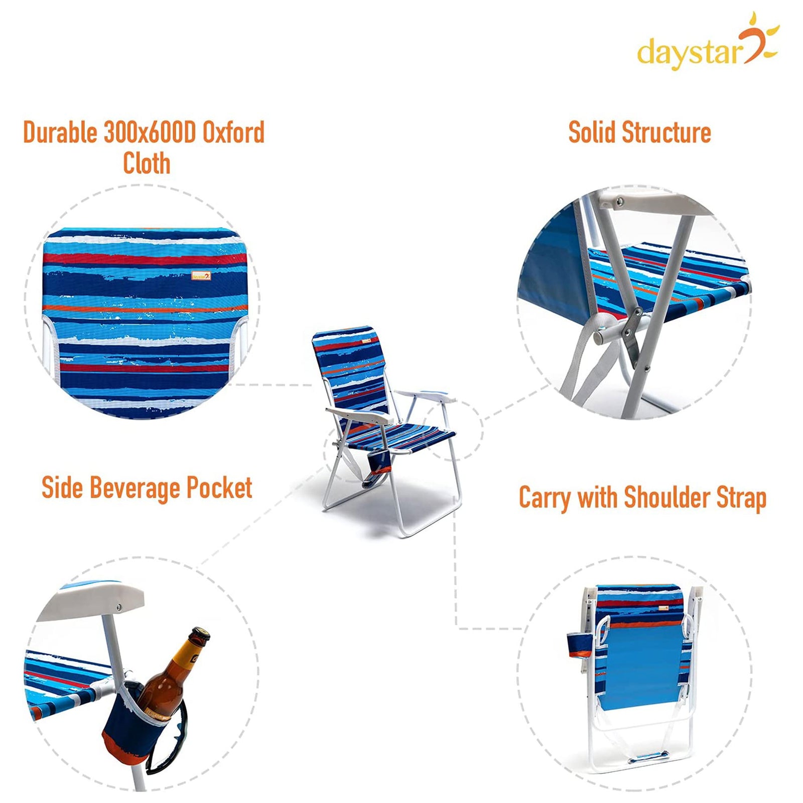 SunnyFeel Outdoor Beach Folding Chair w/Armrest & Cup Holder, Stripe Blue (Used) - VMInnovations