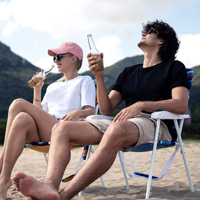 SunnyFeel Outdoor Beach Folding Chair w/Armrest & Cup Holder, Stripe Blue (Used) - VMInnovations
