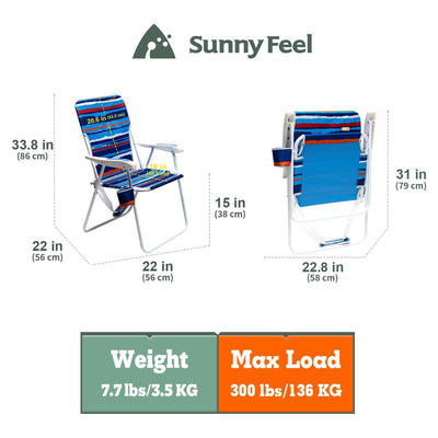 SunnyFeel Outdoor Beach Folding Chair w/Armrest & Cup Holder, Stripe Blue (Used) - VMInnovations